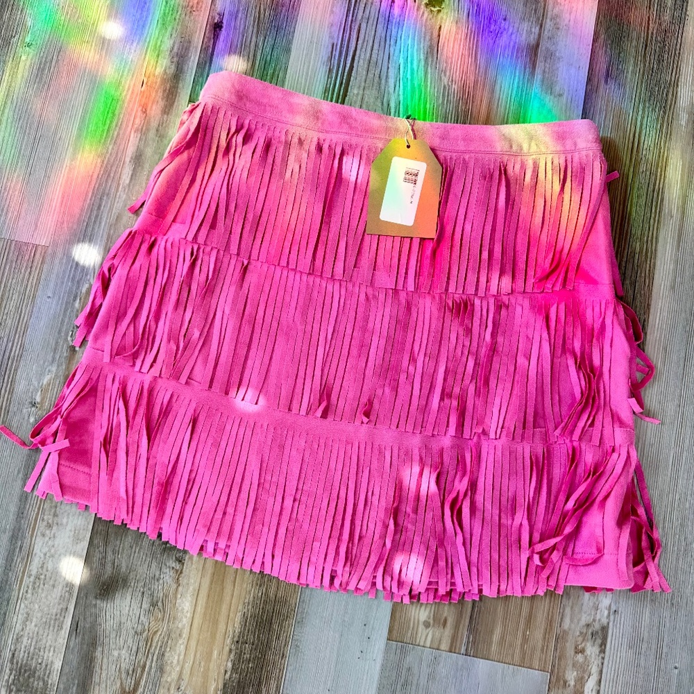 NWT Boho Western Pink Suede Fringe Mini Skirt